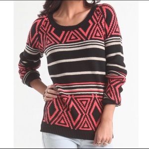 Black, Salmon +Cream Tribal Patterned Knit Sweater
